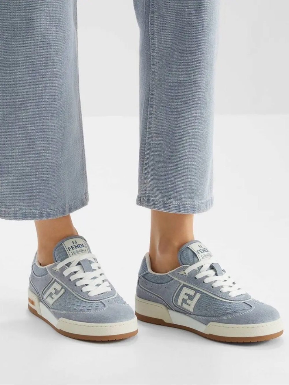 NIB Fendi Light Blue/White Logo Denim Suede Low-Top Sneakers 38.5